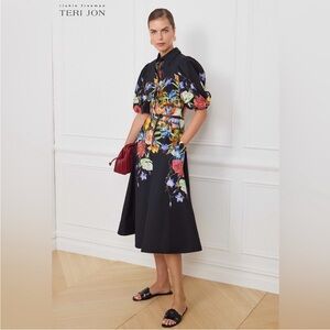 Rickie Freeman for Teri Jon Black Floral Midi Dress Size 12
